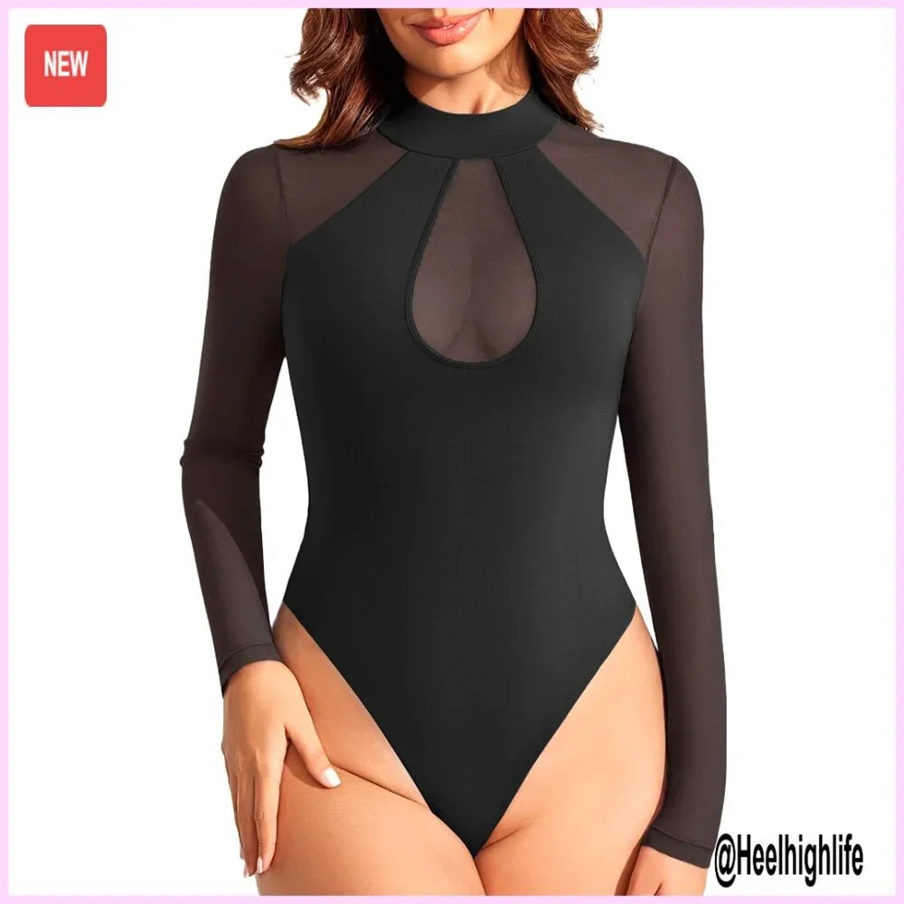 Long Sleeve Mesh Bodysuit Mock Neck Thong Top Stretchy Going Out